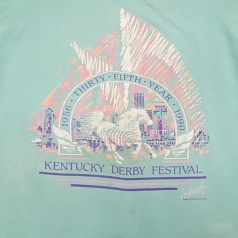 VTG Kentucky Derby Shirt Men M Teal Festival Made In USA Single Stitch 80s 90s - Picture 2 of 12